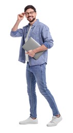 Happy man with laptop on white background