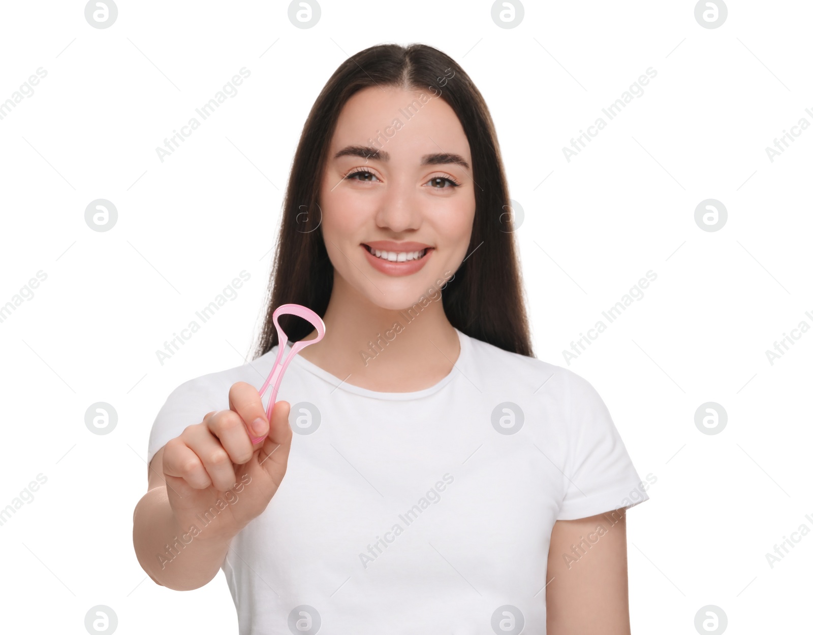 Photo of Happy woman with tongue cleaner on white background