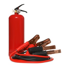 Photo of Red fire extinguisher and battery jumper cables on white background. Car safety