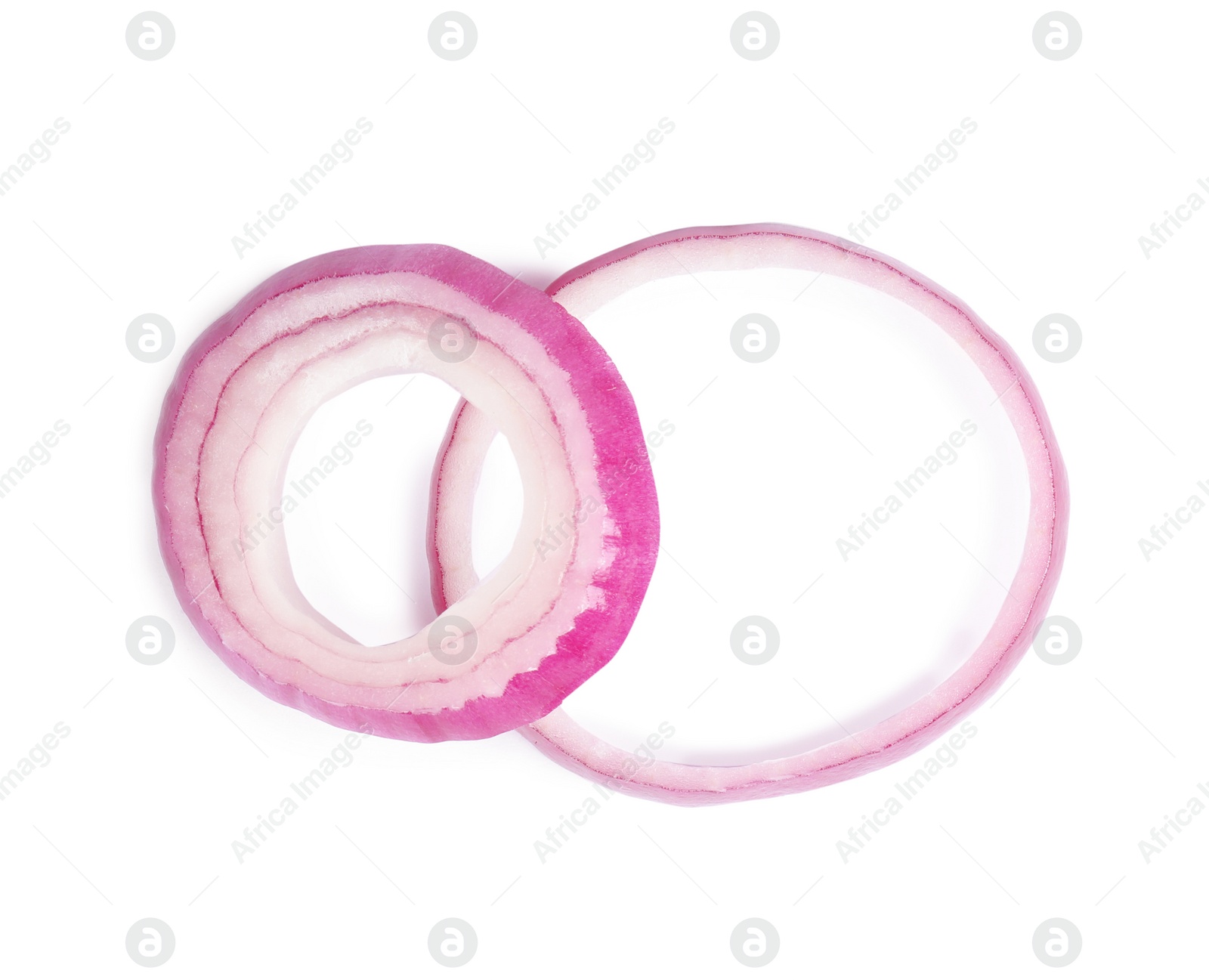 Photo of Red onion rings on white background, top view