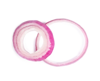 Red onion rings on white background, top view