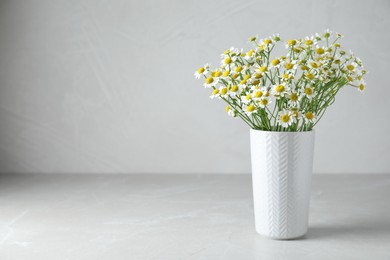 Photo of Vase with beautiful chamomile flowers on light grey table. Space for text