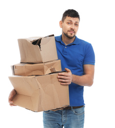 Photo of Emotional courier with damaged cardboard boxes on white background. Poor quality delivery service