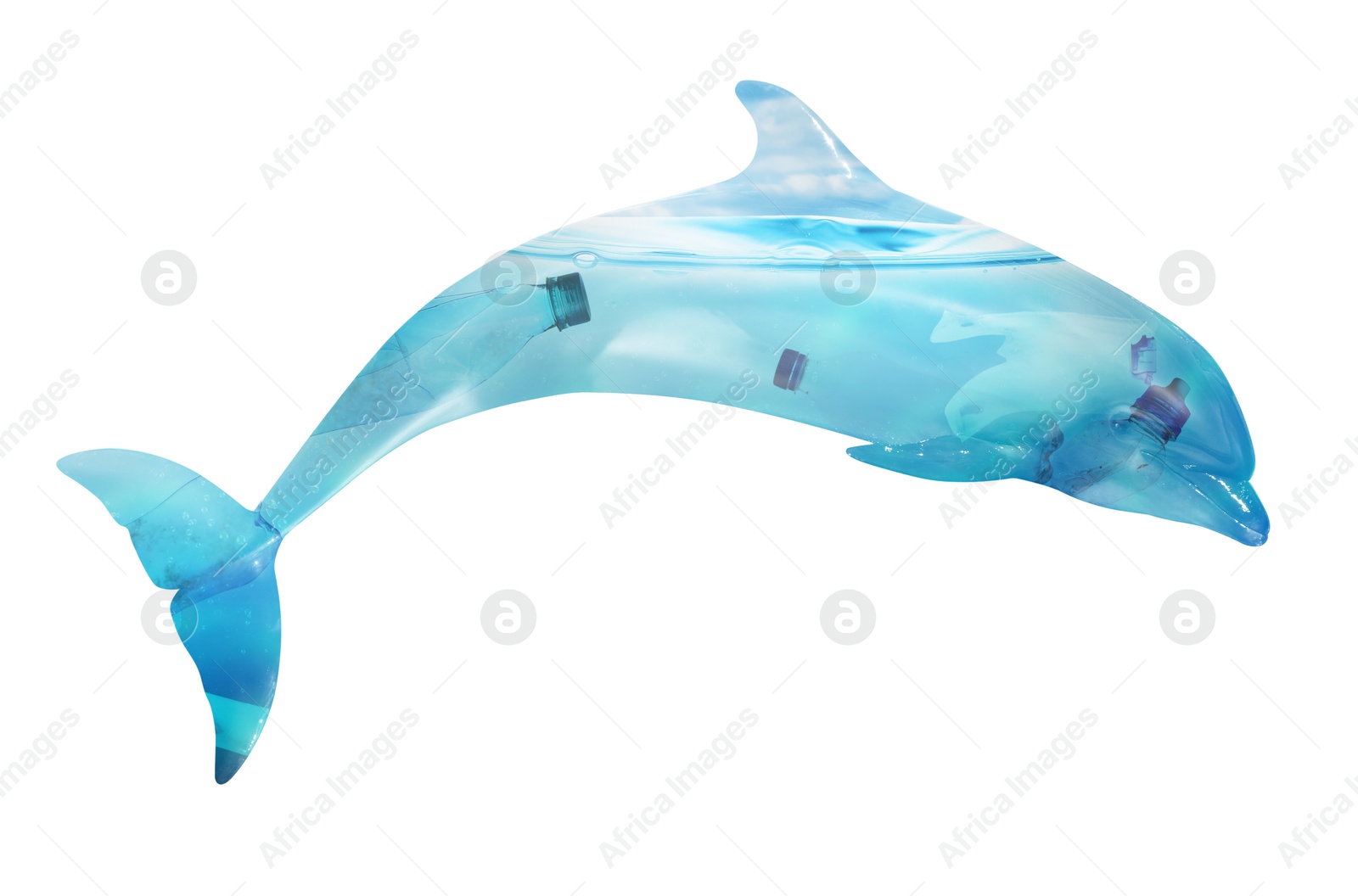 Image of Plastic garbage in ocean and dolphin, double exposure. Environmental pollution