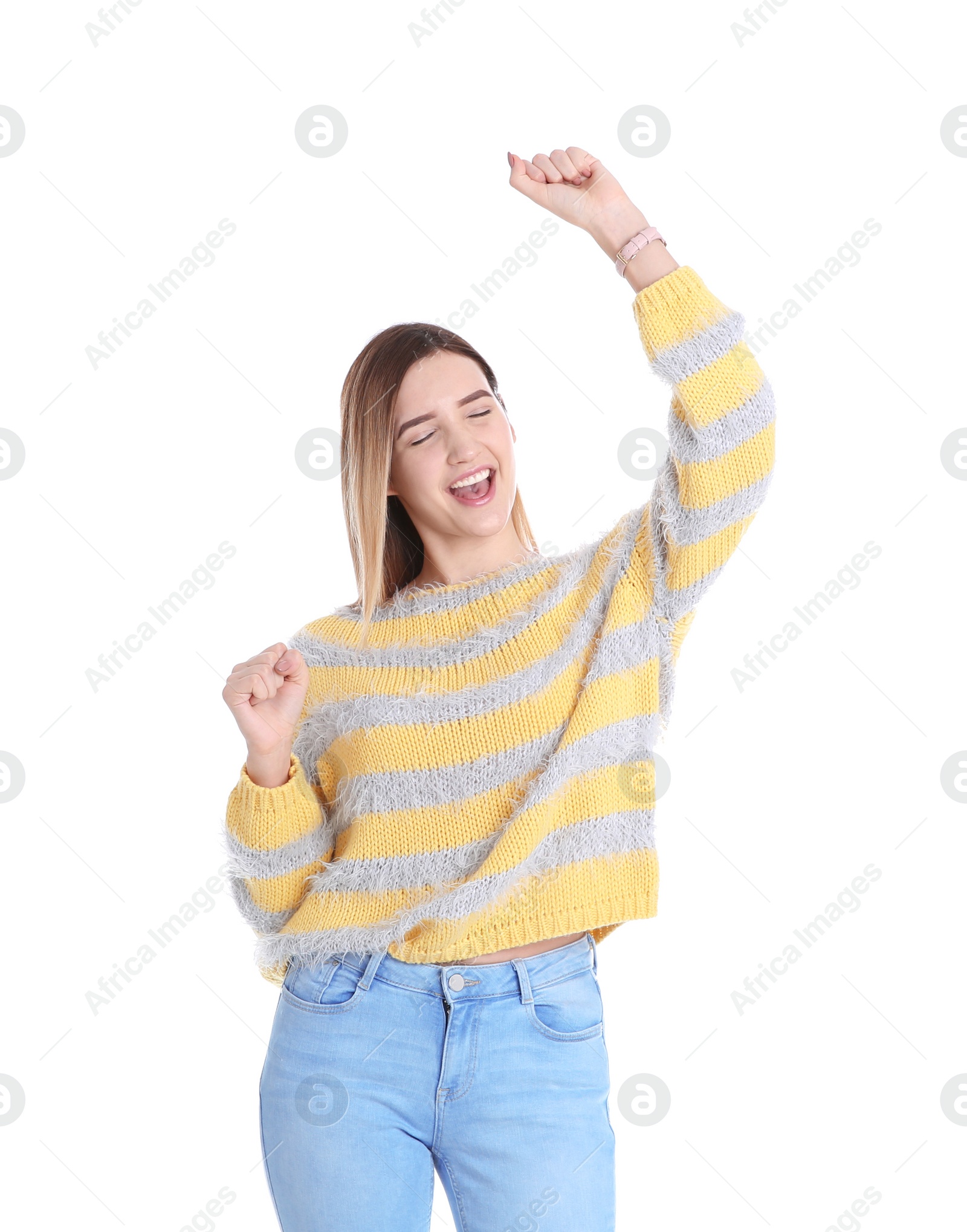 Photo of Portrait of emotional teenage girl on white background