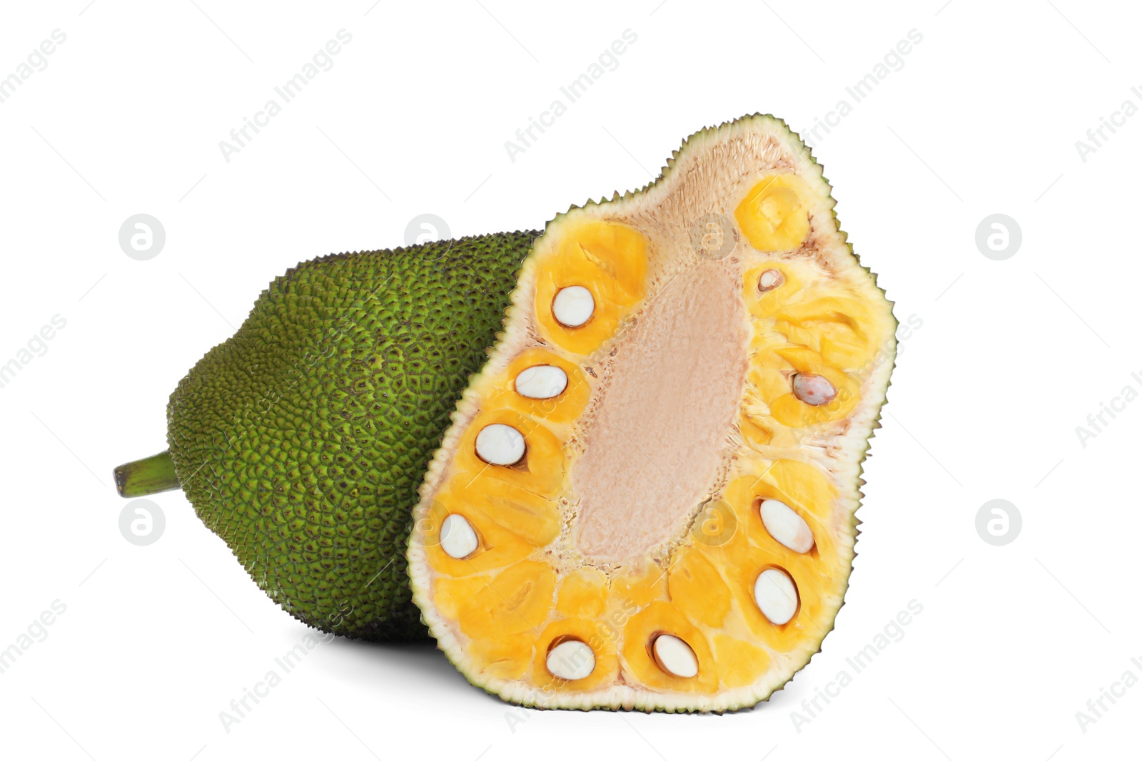 Photo of Cut and whole delicious fresh exotic jackfruits on white background