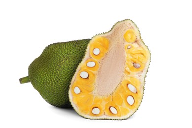 Photo of Cut and whole delicious fresh exotic jackfruits on white background