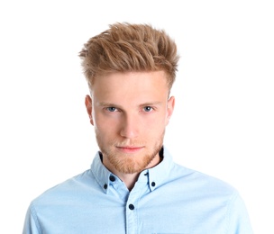 Portrait of handsome young man on white background