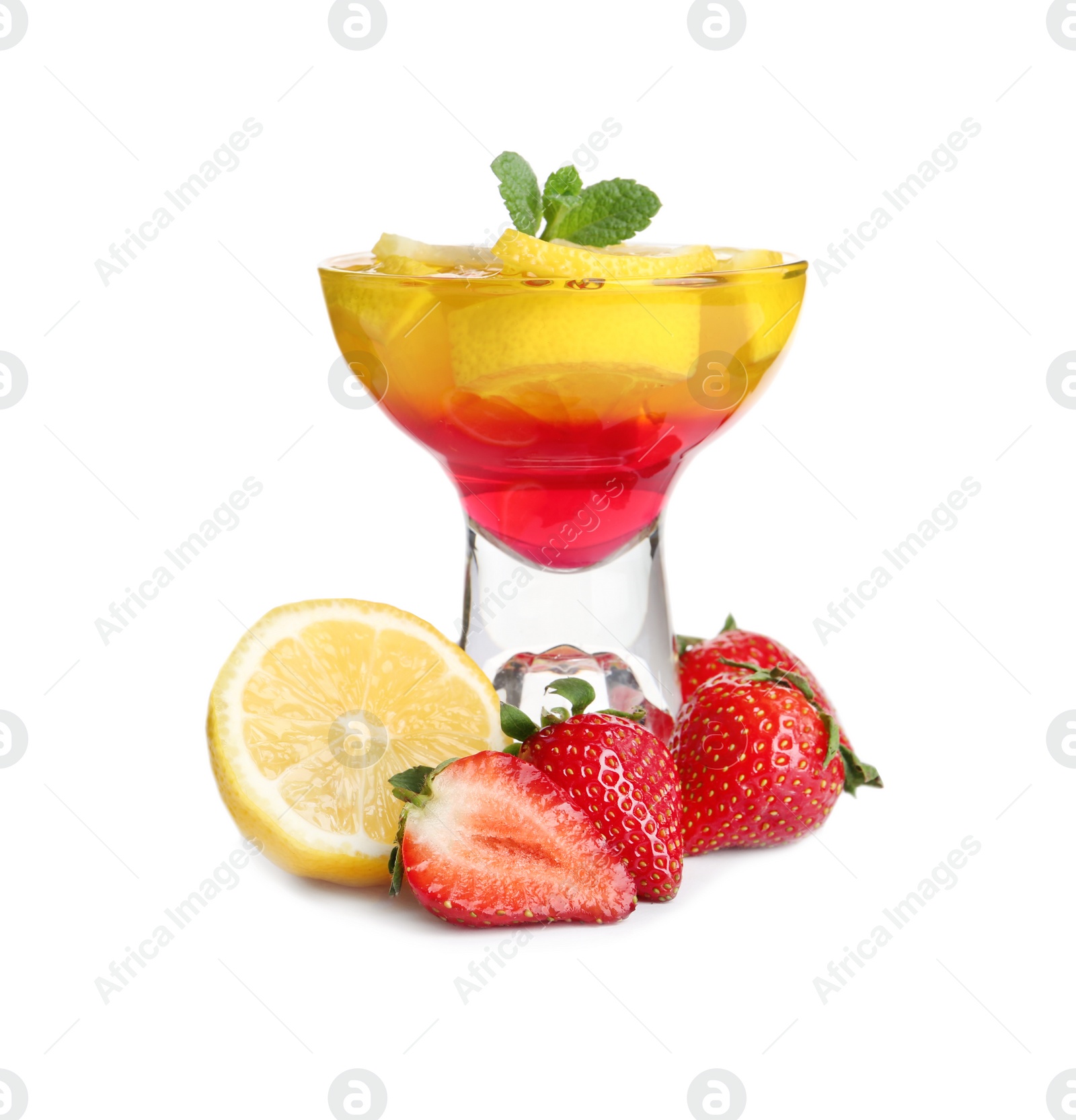 Photo of Tasty layered jelly dessert in glass and ingredients on white background