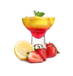 Photo of Tasty layered jelly dessert in glass and ingredients on white background