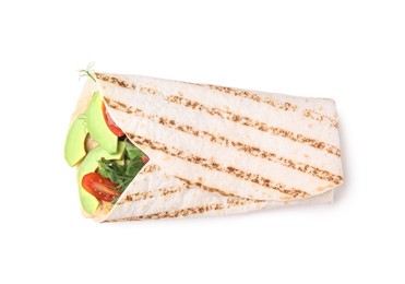 Photo of Delicious hummus wrap with vegetables isolated on white, top view