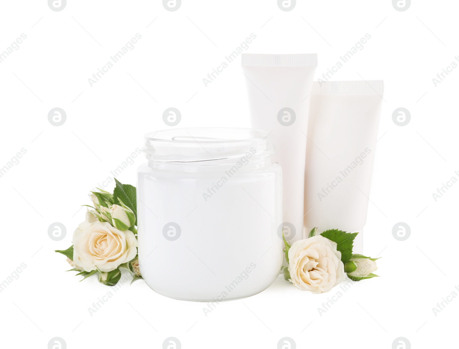 Photo of Different hand care cosmetic products and roses on white background