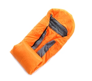 Photo of Sleeping bag on white background, top view. Camping equipment