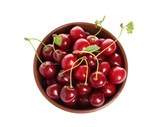 Photo of Ceramic bowl of delicious ripe sweet cherries on white background, top view