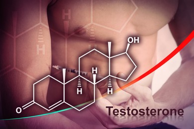 Hormone therapy. Muscular man making injection, closeup. Structural formula of testosterone