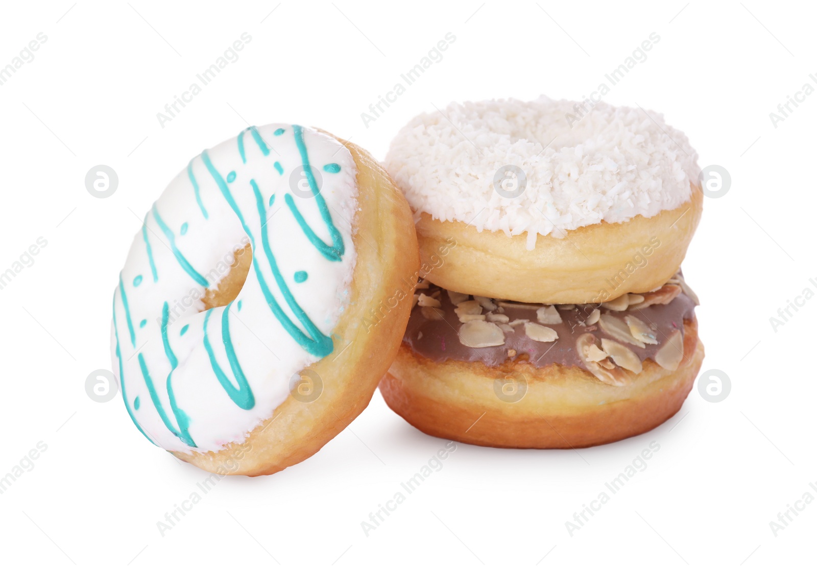 Photo of Different tasty glazed donuts on white background