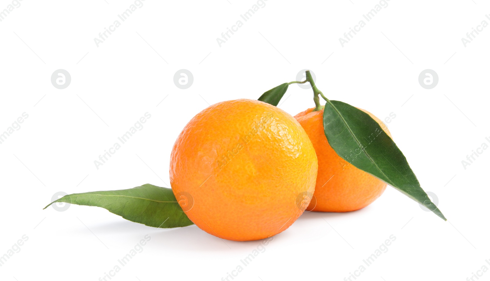 Photo of Tasty ripe tangerines with leaves on white background