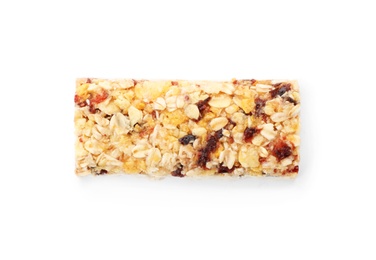 Photo of Tasty protein bar on white background, top view