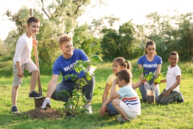 Kids planting trees with volunteers in park