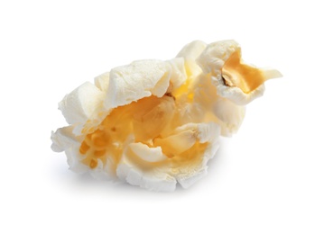 Delicious salty popcorn on white background