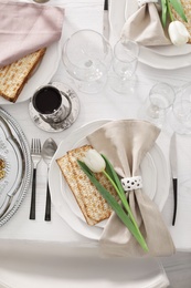 Festive Passover table setting, top view. Pesach celebration