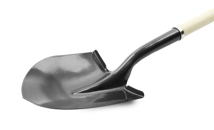 Photo of One new shovel with wooden handle isolated on white. Gardening tool