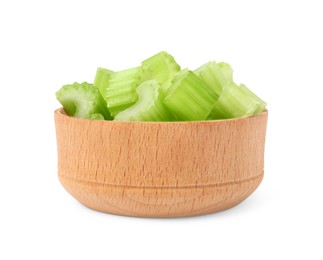 Wooden bowl of fresh cut celery isolated on white