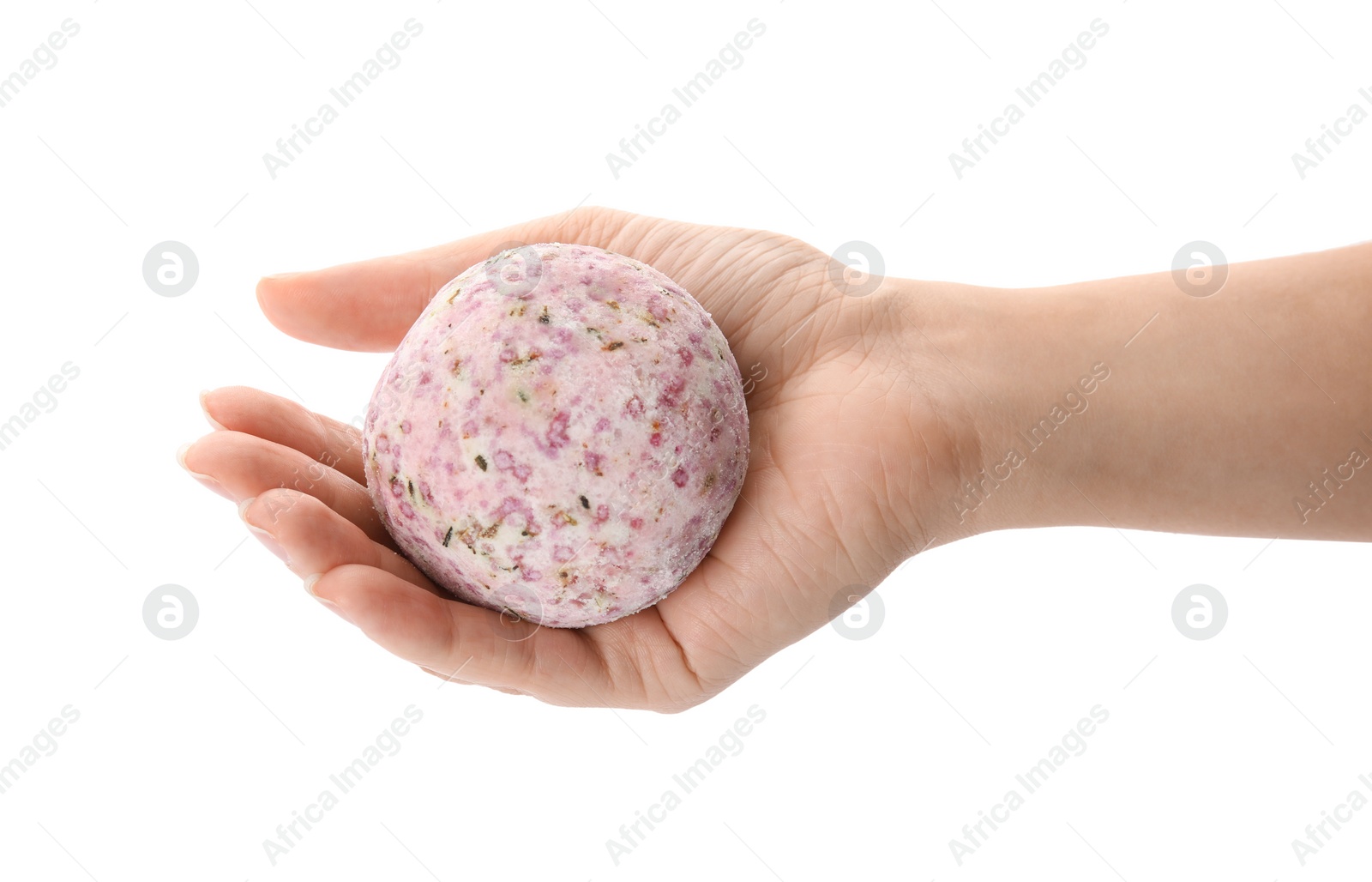 Photo of Woman holding bath bomb on white background, closeup