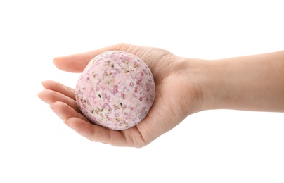 Woman holding bath bomb on white background, closeup