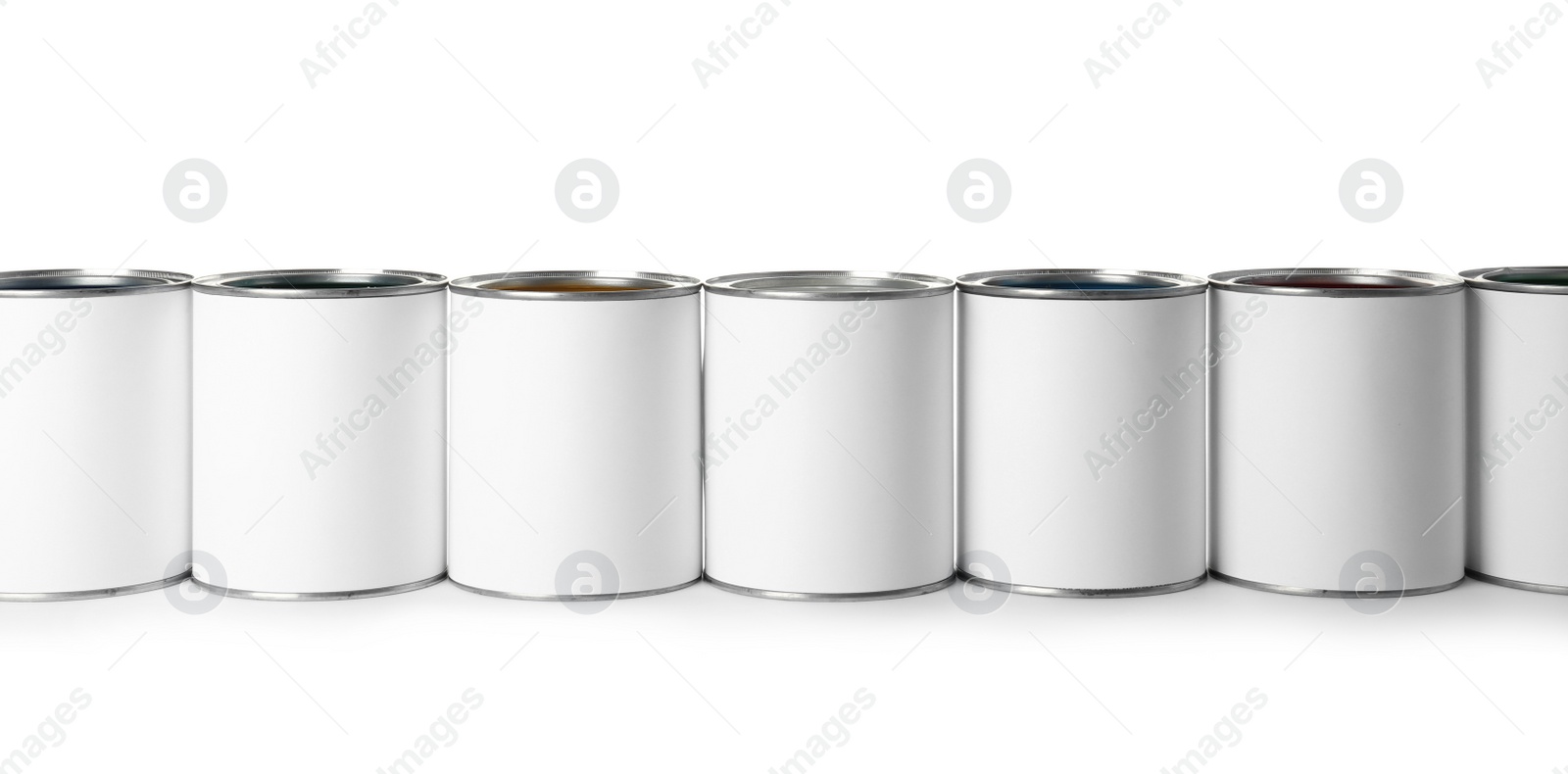 Photo of Row of blank paint cans on white background. Space for design