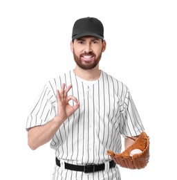 Baseball player with leather glove and ball showing ok gesture on white background