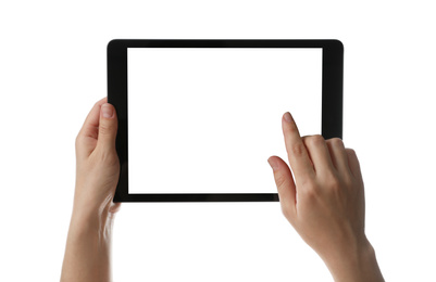 Woman using tablet computer with blank screen on white background, closeup. Modern gadget