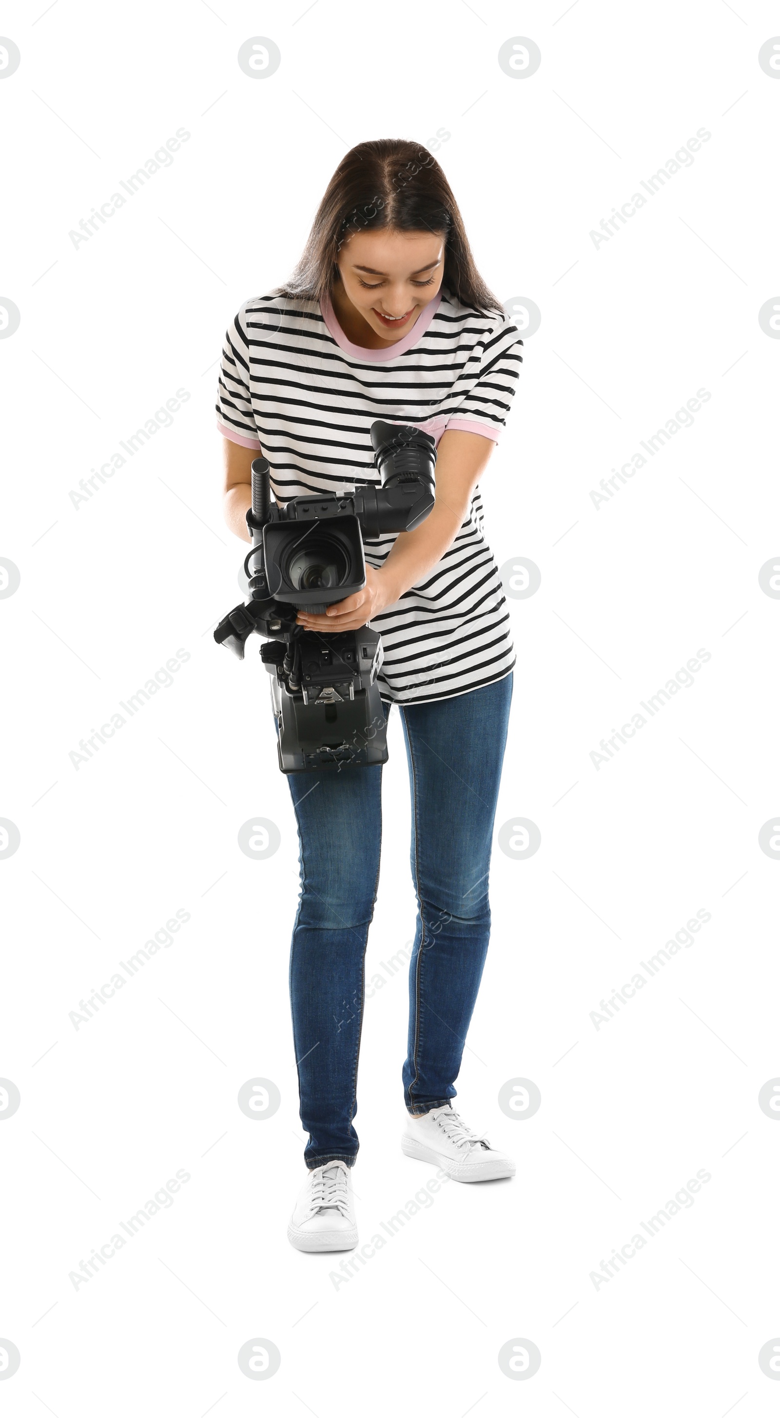 Photo of Operator with professional video camera on white background