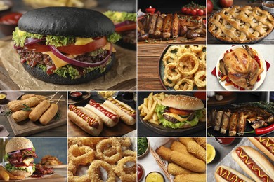 Image of Different tasty American dishes. Collage with burgers, hot dogs, roasted ribs, apple pie and others