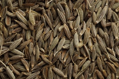 Aromatic caraway seeds as background, top view