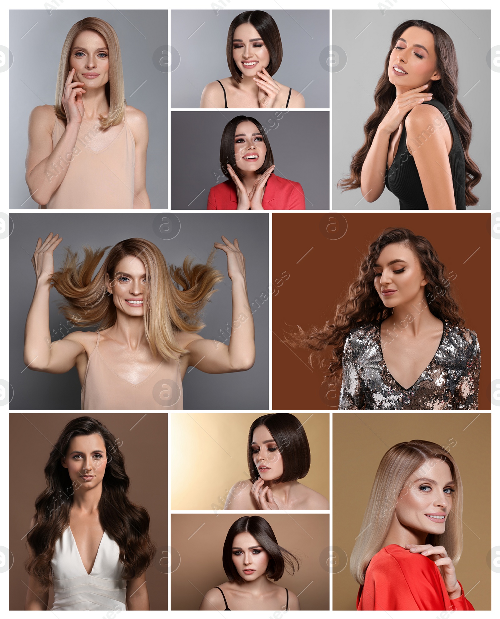 Image of Beautiful women with hairstylings on different color backgrounds. Collage of photos