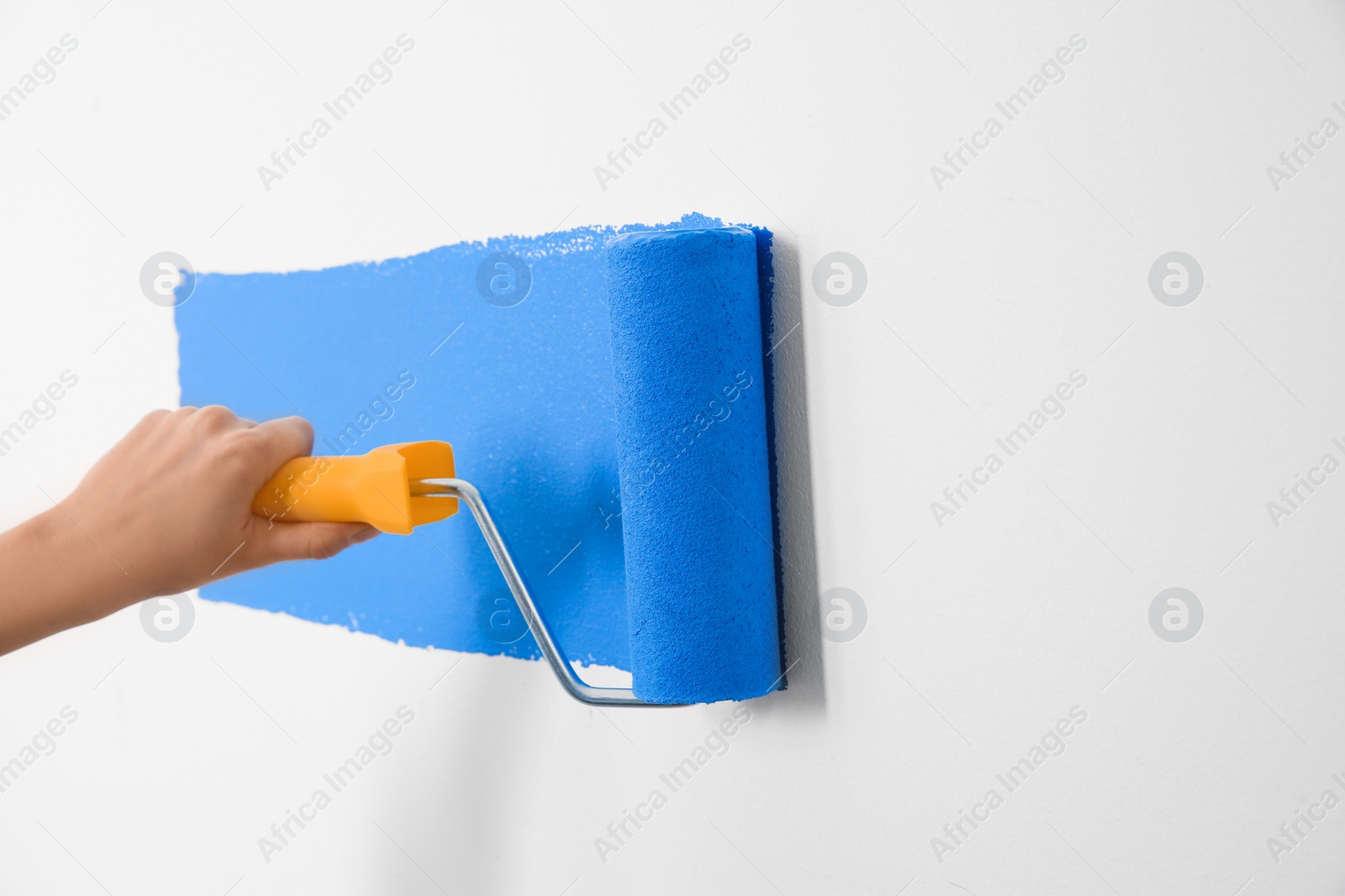 Photo of Woman painting white wall with blue dye, closeup. Interior renovation