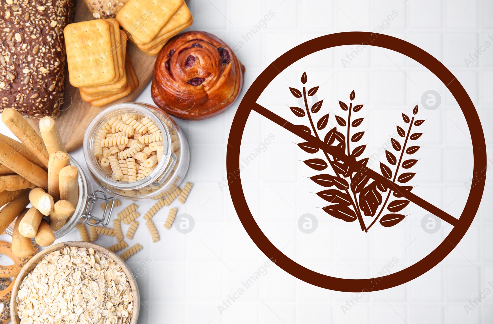 Image of Different gluten free products on white tiled table, flat lay