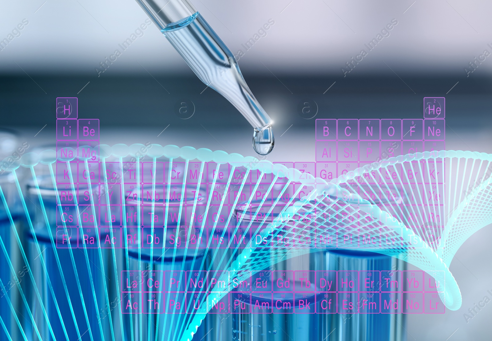 Image of Studying chemistry. Dripping reagent into test tube, periodic table and double helix illustration, double exposure