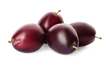 Delicious fresh ripe plums on white background