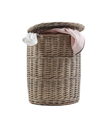 Photo of Wicker laundry basket with dirty clothes on white background
