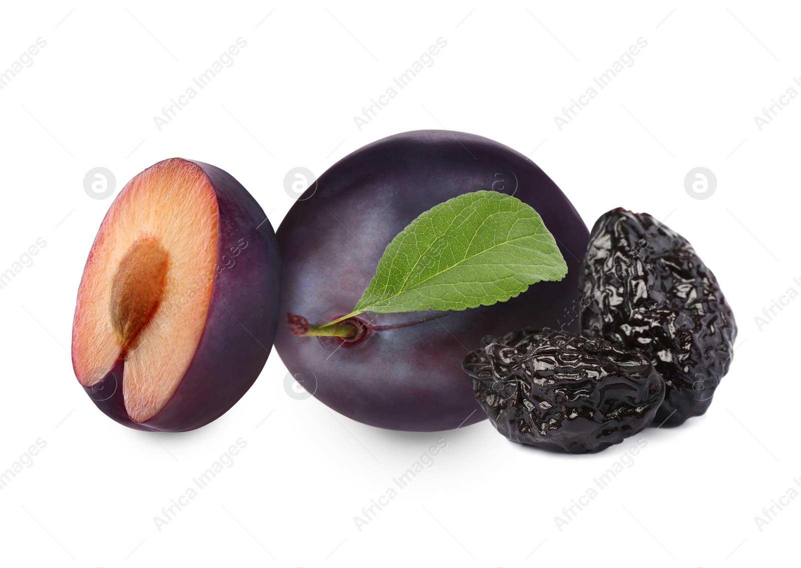 Image of Delicious fresh ripe plums and sweet dried prunes on white background 