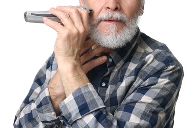 Photo of Man trimming beard on white background, closeup