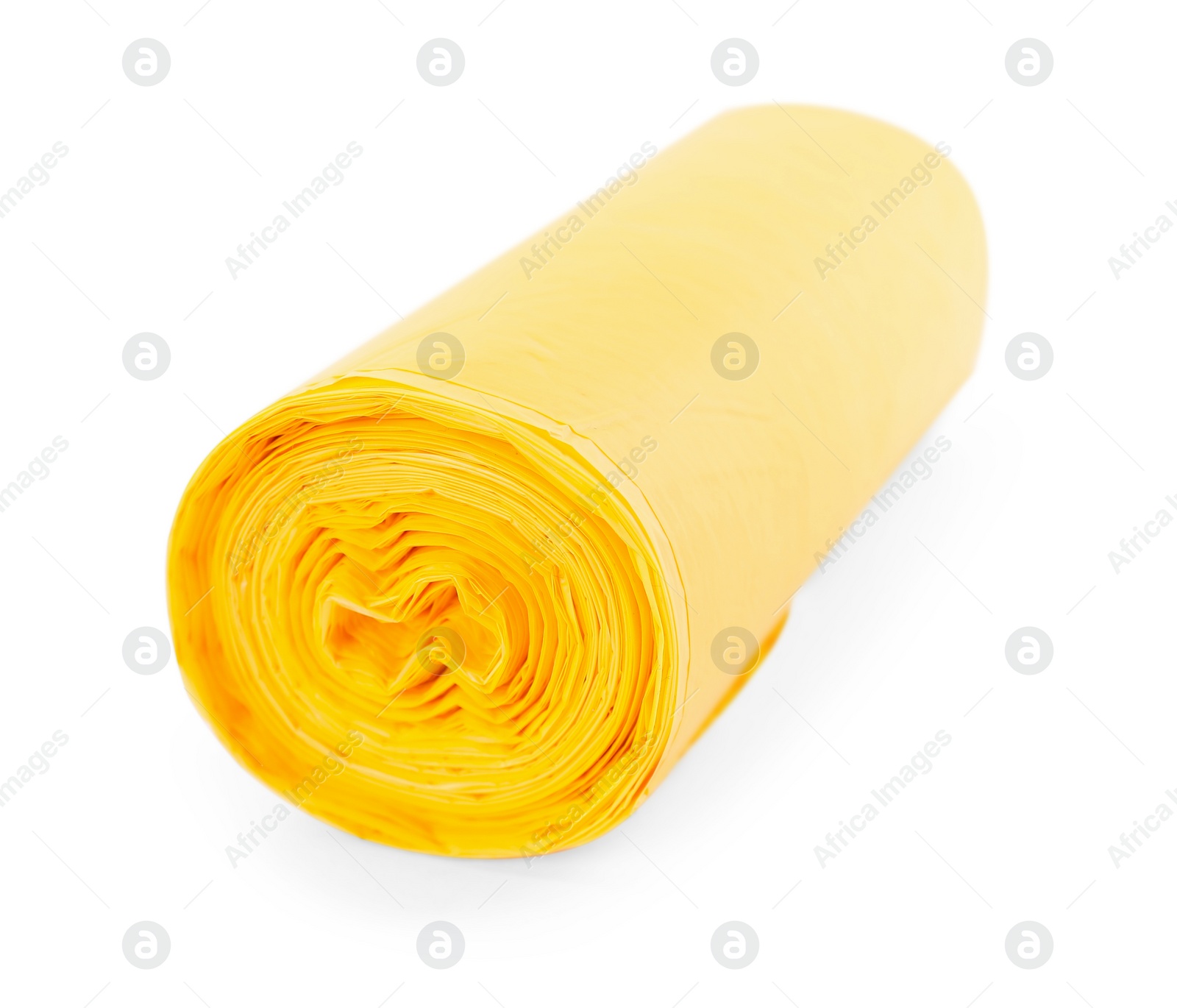 Photo of Roll of yellow garbage bags isolated on white