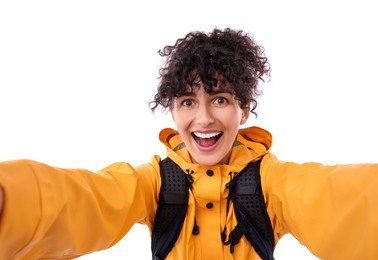 Photo of Beautiful woman taking selfie on white background