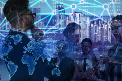 Image of Multiple exposure of scheme, cityscape and businesspeople. Fintech concept