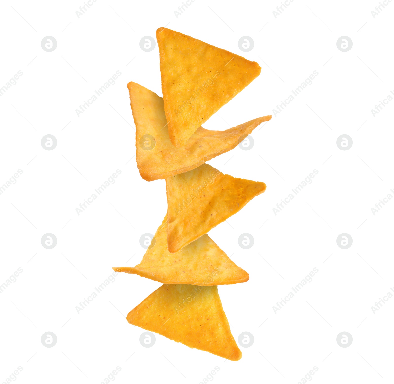 Image of Stack of tasty tortilla chips on white background