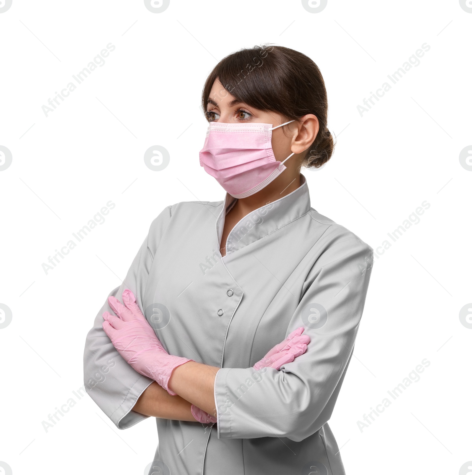 Photo of Cosmetologist in medical uniform on white background