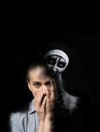 Image of Suffering from hallucinations. Scared woman with shadow of terrifying nun behind her back on black background