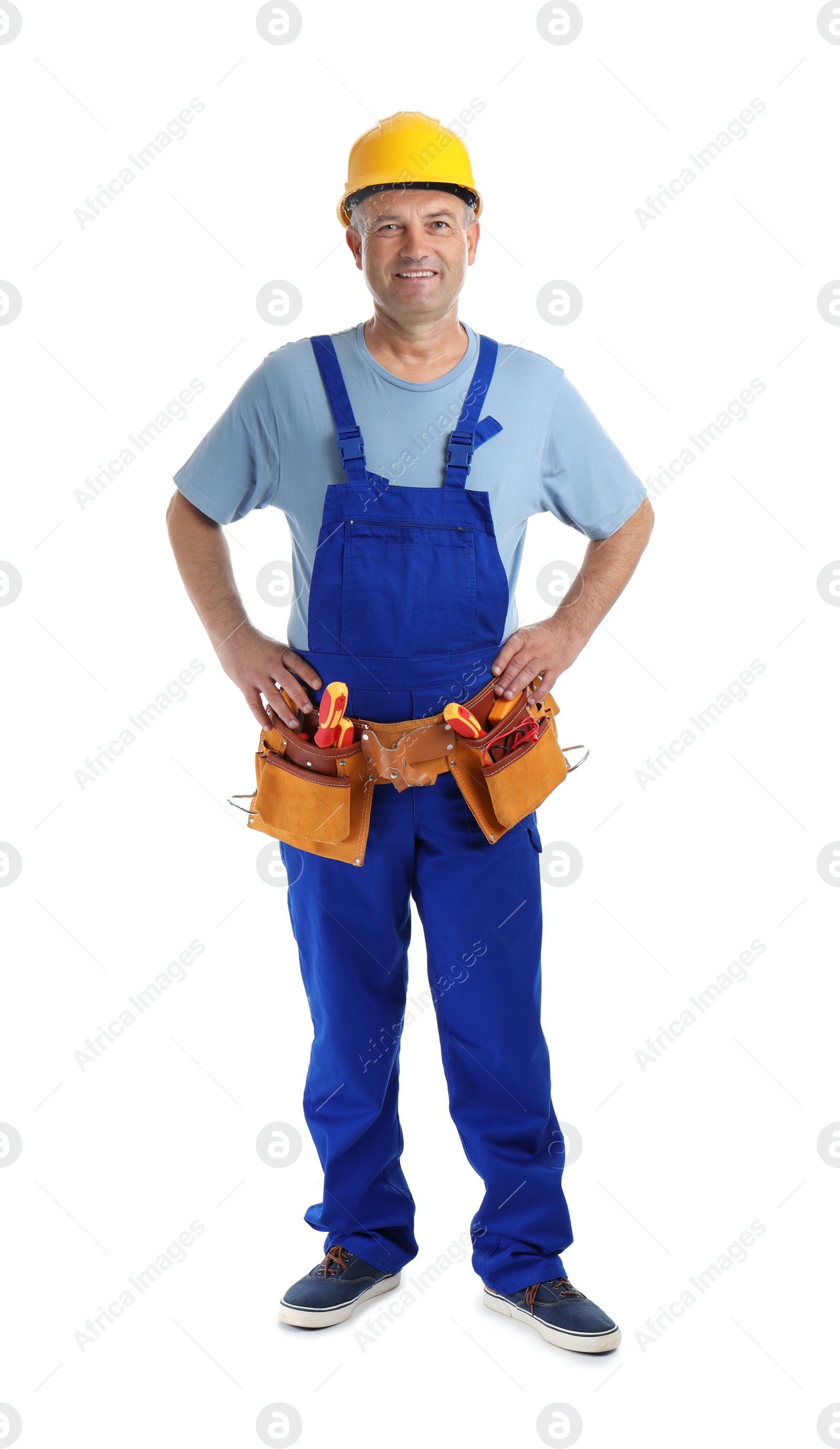 Photo of Electrician with tools wearing uniform on white background